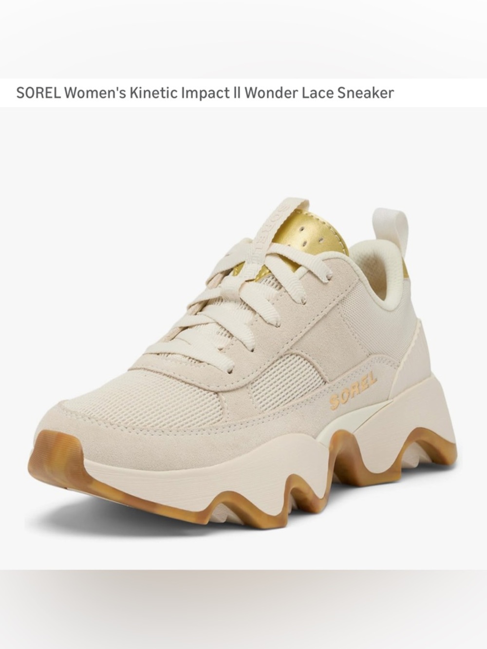 SOREL Women’s Kinetic Impact II Wonderlace sneaker. Size 8. True gold/chalk.